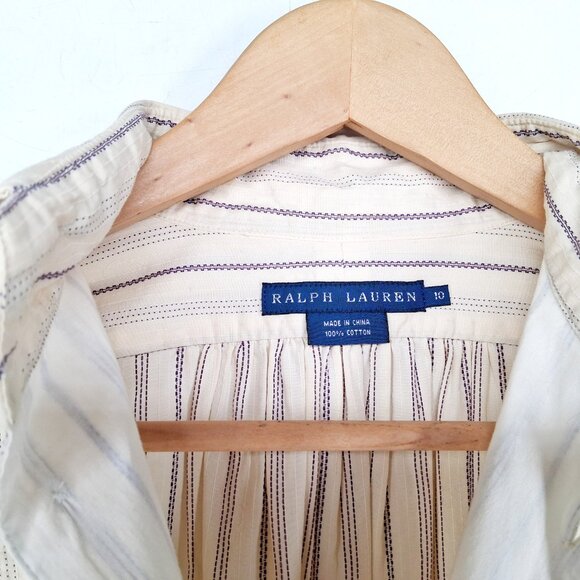 RALPH LAUREN Blue Label Vintage Peasant Poet Bib Blouse Cream Purple Stripe 10 - Picture 8 of 13